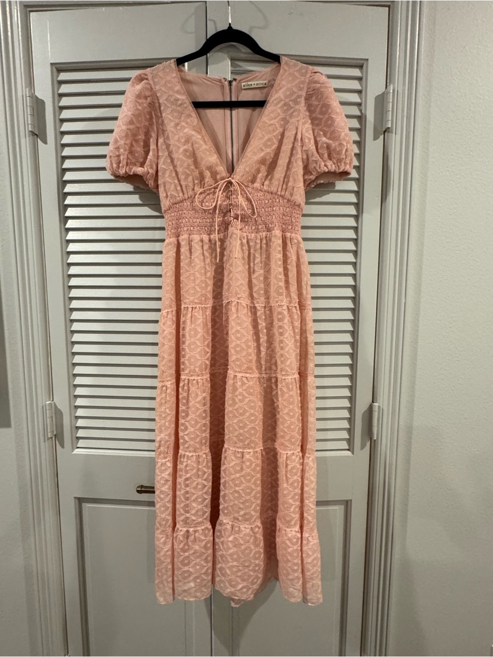 Alice + Olivia Blush Pink Eyelet Maxi Dress with Smocked Waist